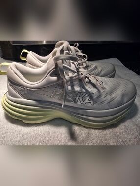 Hoka Women's Bondi 8 Sneakers in White and Pale Yellow Size 9